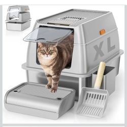 XL Stainless Steel Cat Litter Box Enclosed High Sided Metal Tray with Lid