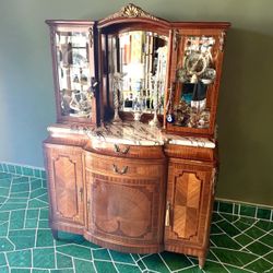19th C Antique French Imprt Louis XVI Revival Marble Top Display Cabinet Buffet Vitrine