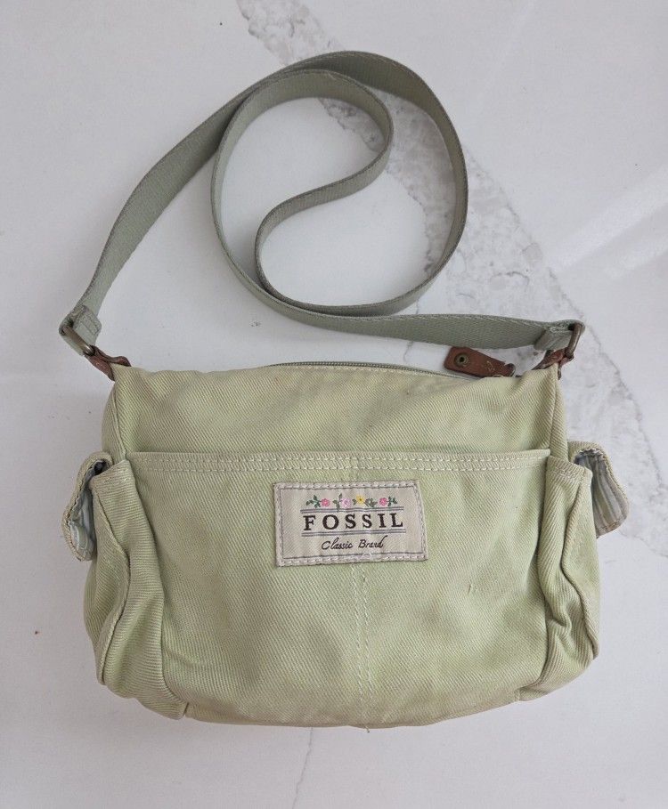 Fossil Womens Handbag Green Canvas Shoulder Bag Leather Accents