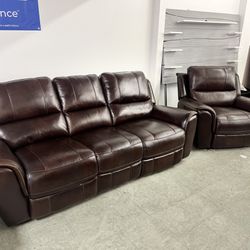 Genuine Leather Burgundy Dual Power Recliner Sofa & Single Seat 