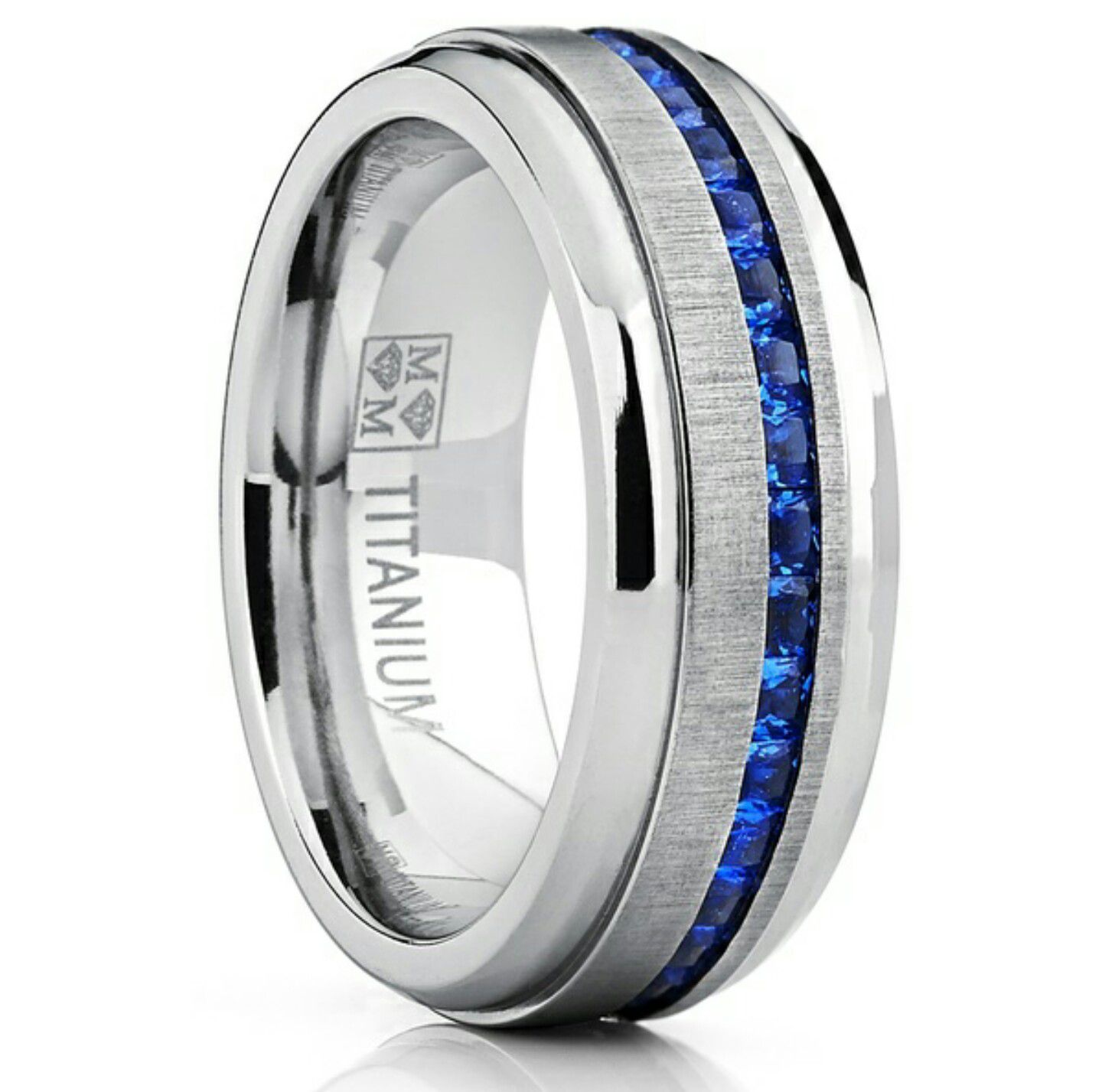 Men's Titanium Wedding Band Ring W/Simulated Sapphire CZ's