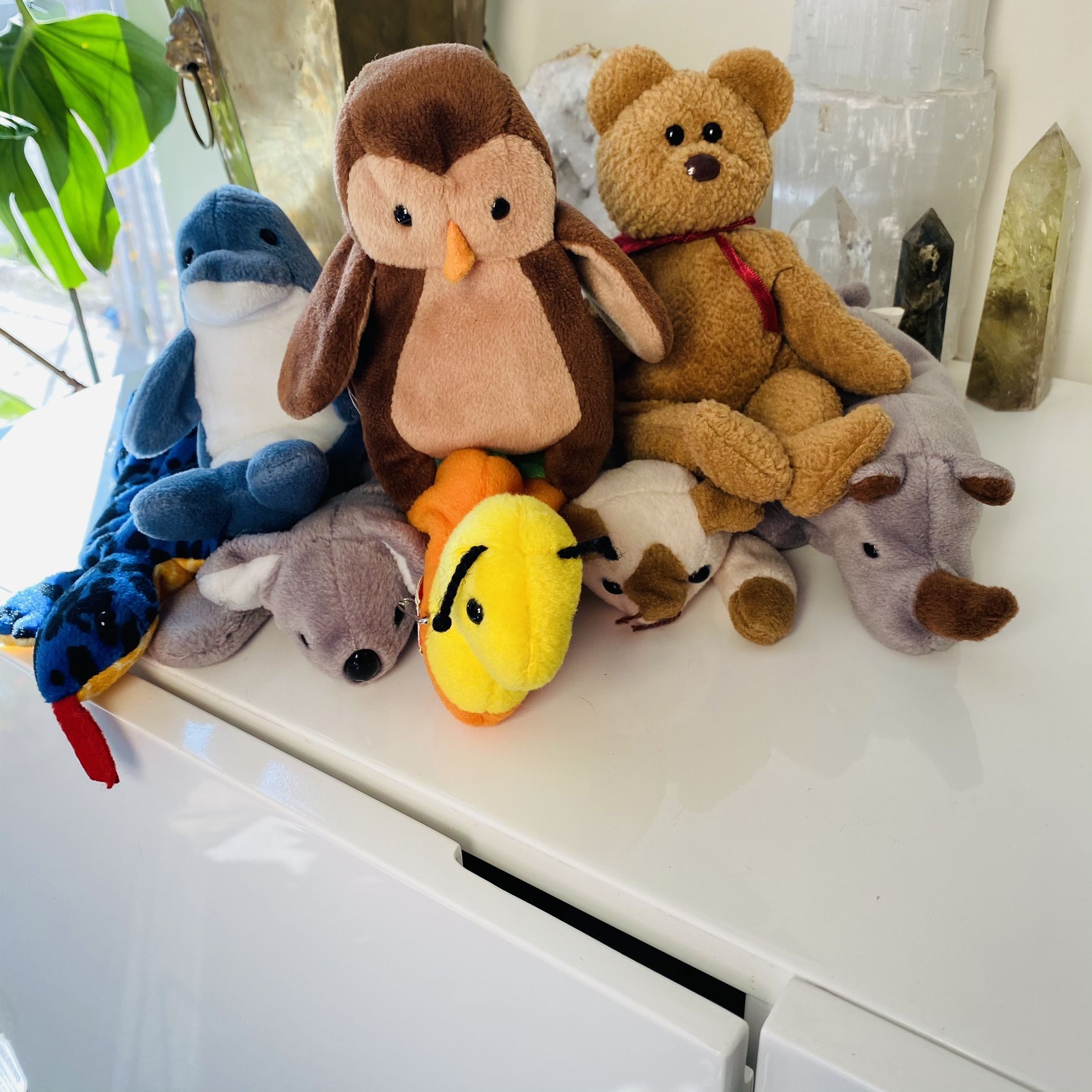 Vintage TY Original 1990s y2k Beanie Babies Bundle Lot Owl Bear Cat Worm Dolphin