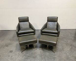 West Elm, Austin Leather Swivel Chairs with Ottomans