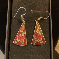 3 Pairs Of Vintage Goldtone Earrings With Hand Designed Paintings