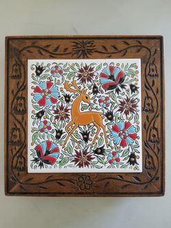Vintage Tile and Wood Deer Trivet