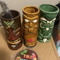 3 Ceramic Tiki Tumblers With Metal Straws N Coasters 