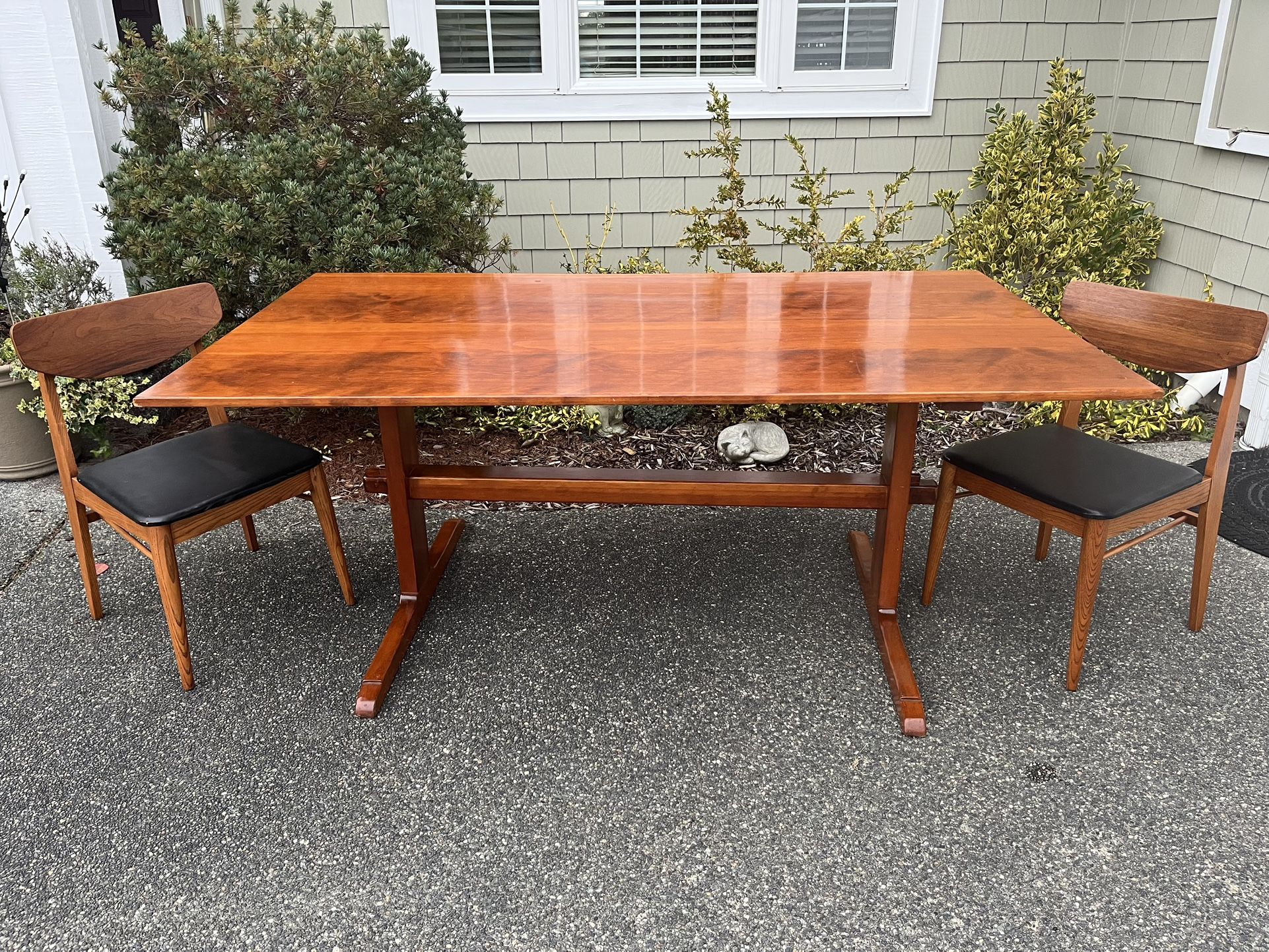 Vintage Mid Century Rare Solid Wood Trestle Table And 2 Mid Century Wood Dining Chairs