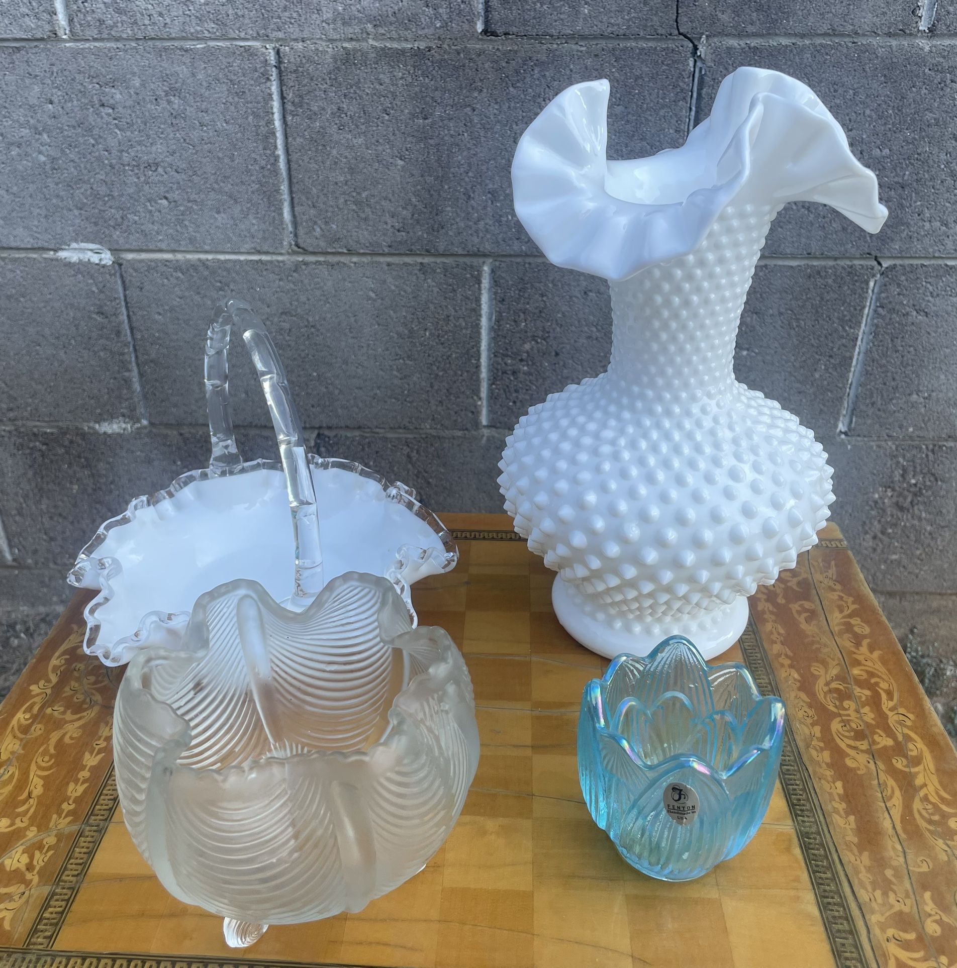 Lot Of 4 Fenton Pieces Hobnail Vase And Silver Crest Basket