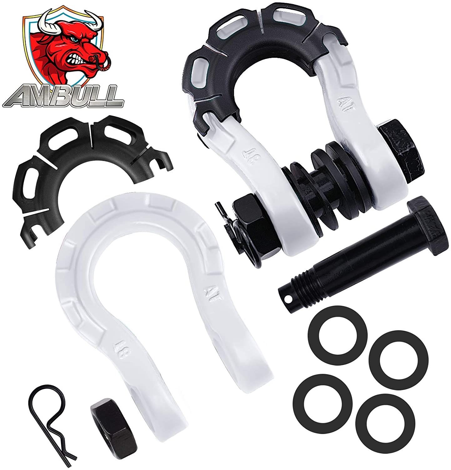 AMBULL Shackles Upgrade 3/4" D Ring Shackle (2 Pack) 68,000 lbs Break Strength with 7/8" Pin, Isolator and Washer Kits for Use with Tow Strap, Winch,