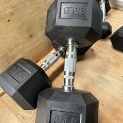 New pair of 35lb rubber dumbbell in box $70           