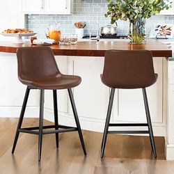 24 inch Counter Stool, Modern Bucket Barstool Set of 4, Barstools with Back and Footrest, Faux Leather Bar Stools for Kitchen Island Restaurants, Dark