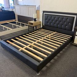 Black Queen Size Platform Bed Frame With Crystals