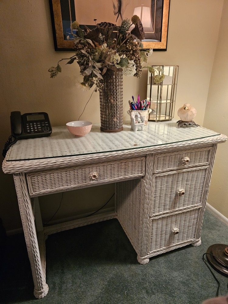 Glass-Top White Wicker Desk and Chair