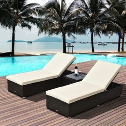 3 Piece Rattan Wicker Chaise Lounge Chair Set with Side Table