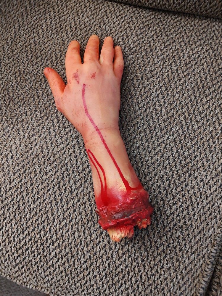 REALISTIC HALLOWEEN PROP.   13" LONG.  SOLID MATERIAL.  NEW.  PICKUP ONLY.
