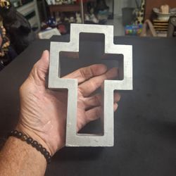 Handcrafted Wooden Open Cross Painted Silver Giving It A Metal Look 7"H x 4.75"W