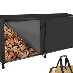 8ft In & Outdoor Firewood Log Rack w/Waterproof Cover, Heavy-Duty Fire Wood Storage, High Capacity Log Holder Stand for Fireplace Easy Assemble-Black