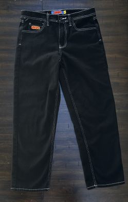 Empyre Loose Fit Jeans Black Denim White Contrast Stitching Size 27 Streetwear