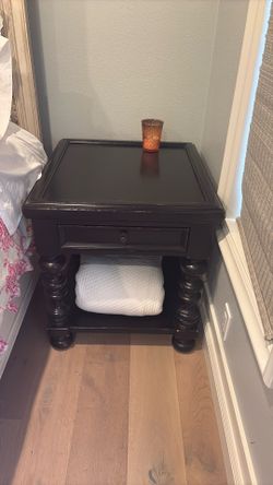 Side Table / Nightstand — Black Distressed Wood, 1 Drawer with Shelf, Turned Legs