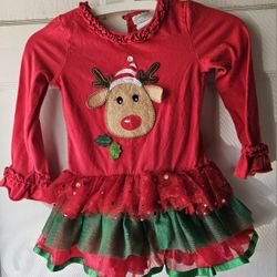 CHRISTMAS  EMILY ROSE  REINDEER RED & GREEN  TOOLE RUFFLED & SEQUIN TODDLER  DRESS  