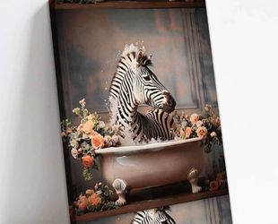 New 16x16”Ready to Hang Wall Art Framed Canvas Zebra Floral Bathtub Surreal Animal Modern Decoration