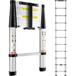 484#Telescoping Ladder, 10.5 FT Aluminum One-button Retraction Collapsible Extension Ladder, 375 LBS Capacity with Non-slip Feet, Portable Multi-purpo