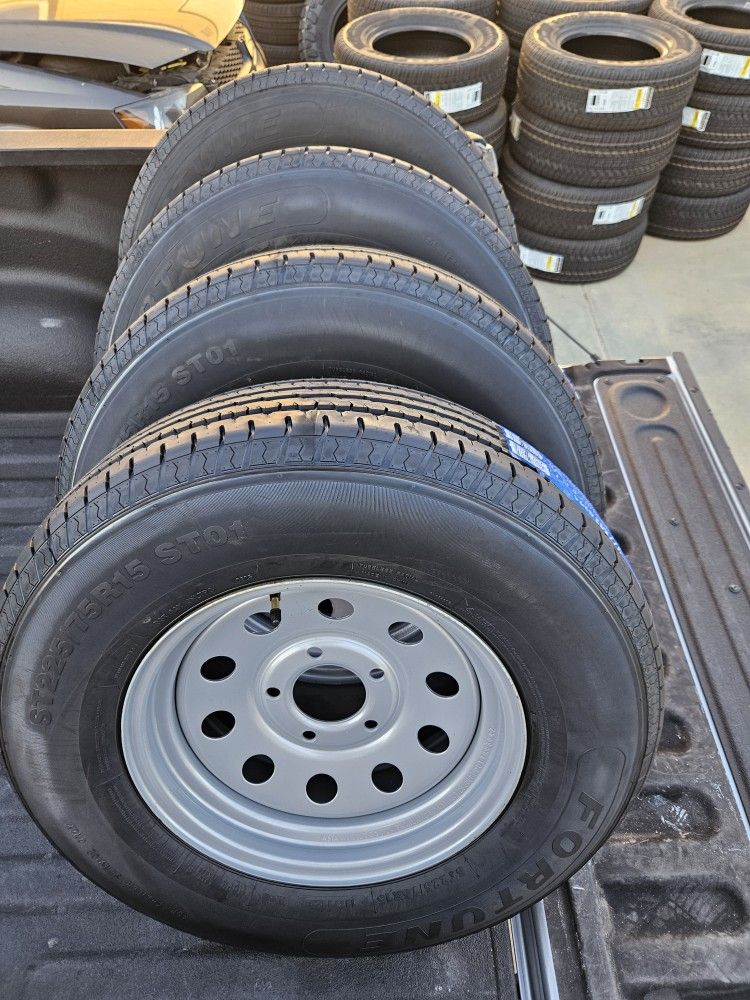 4 New ST 225-75-15 Trailer Master Tires Silver 5 Lug 5x5 Steel Wheels-Rims ST225 R15 inch Tire Load E 10 Ply 80 PSI FREE Delivery Inland Empire