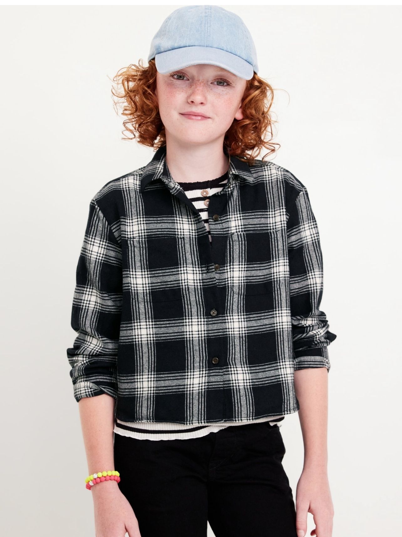 Girl’s Cropped Long-Sleeve Plaid Pocket Flannel Shirt Size L (10-12)