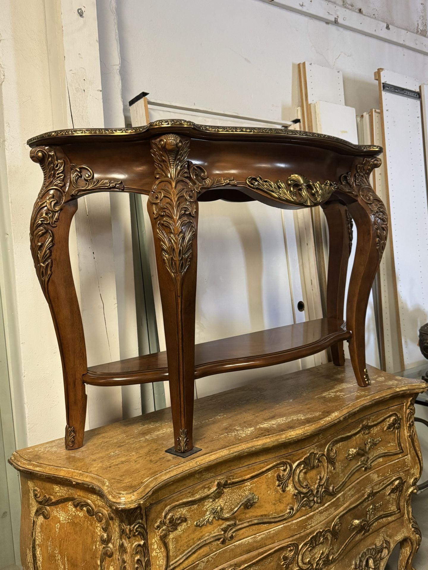 Vintage Carved Wood Console Table with Gold Detail and Glass Top