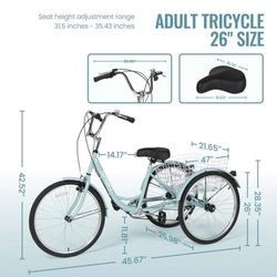 Adult Tricycle 7 Speed Trikes 3 Wheel 26'' Bikes for Adults, Trike for Women Men, Rear Removable Wheeled Baskets - Seniors & Commuters, 350 lb - Green