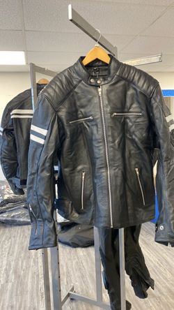 Brand new leather motorcycle biker jacket with white stripes on it and many zipper pockets on it (OBO) with removable liner size xl.