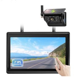 Magnetic Solar Wireless Backup Camera System, 7" IPS Touchscreen with DVR, Rechargeable IR Night Vision Rear View Camera, Zero Wiring RV Camera for Hi