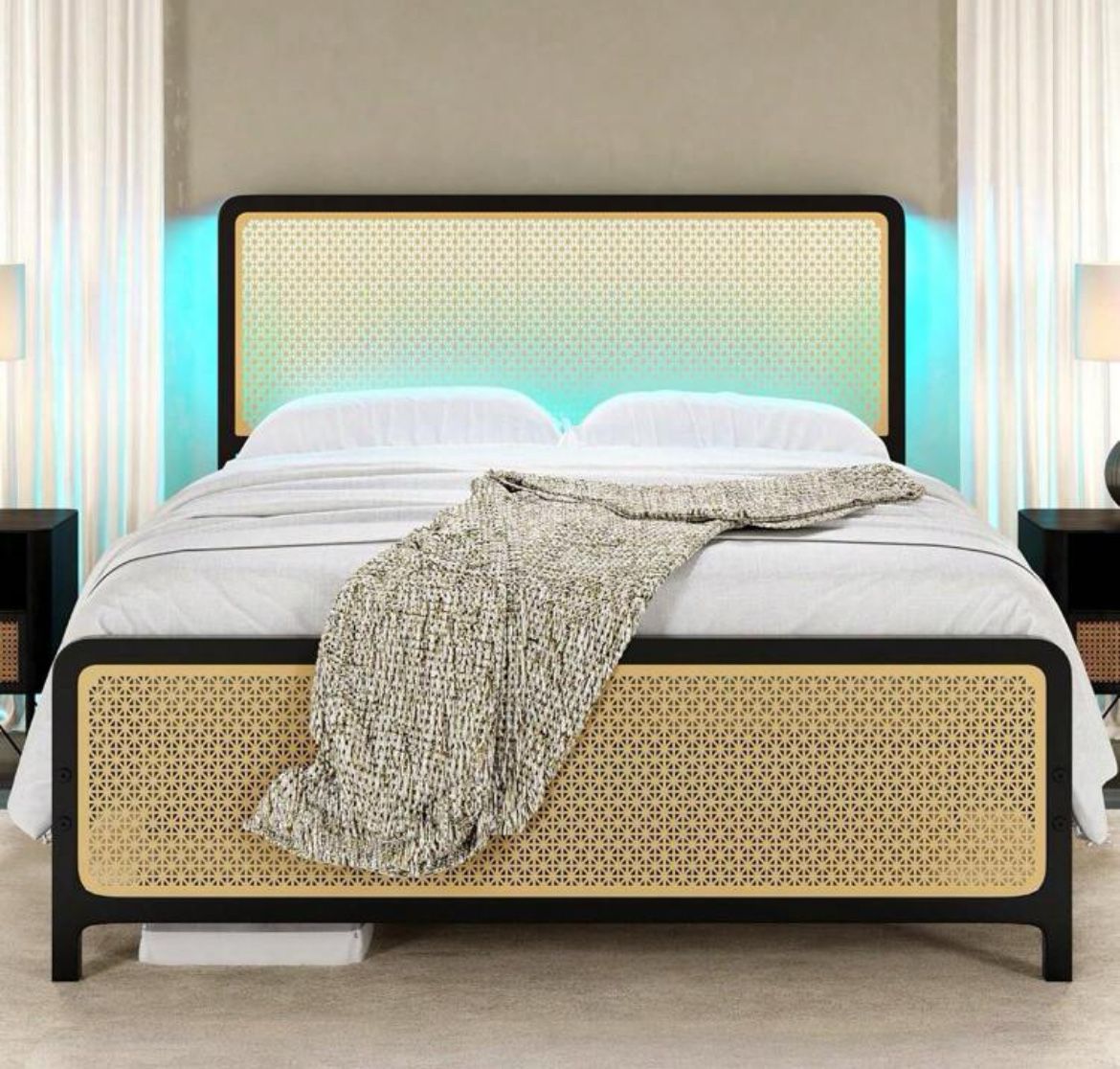Bed Frame With Metal Rattan Headboard And Footboard, Queen Platform Bed Frame With LED Lighted