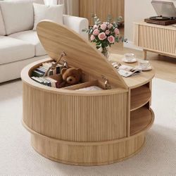❤️🔥 31.5" Round Coffee Table with Storage,Fluted Wood Coffee Table with Flip Top