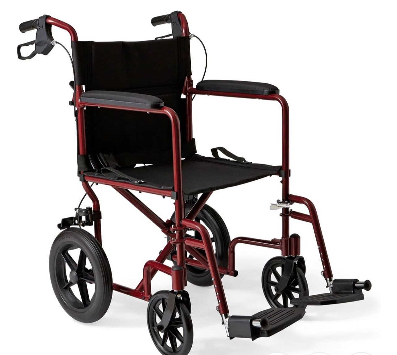 Medline Lightweight Foldable Transport Wheelchair with Handbrakes and 12-Inch Wheels, Red Frame, Black Upholstery