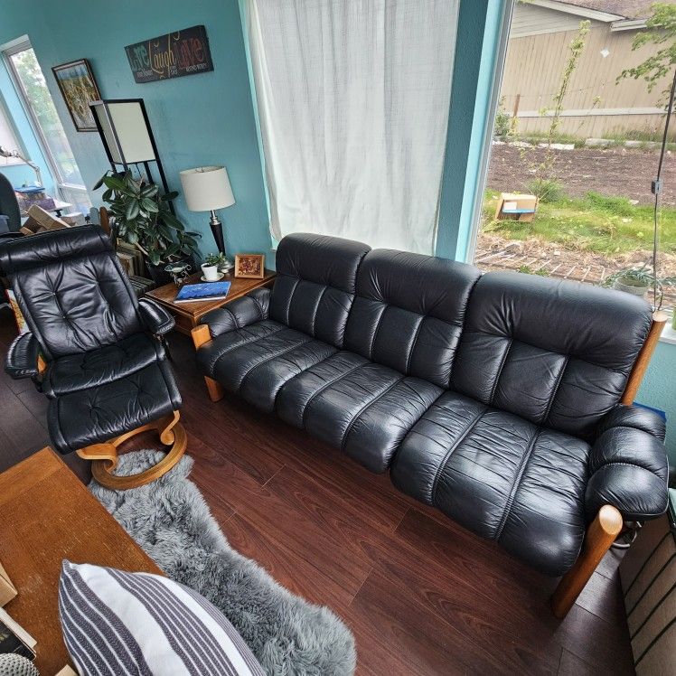 Danish MCM Black Leather Sofa and Stressless Chair & Ottoman