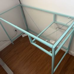 Blue metal Glass Top desk 43.5 X 20.5 X 29.5