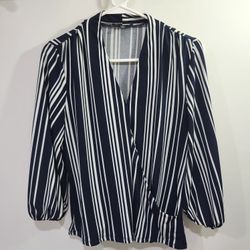 Adrianna Papell Blouse Women's Small  Striped  Shirt Top Twill Navy Blue