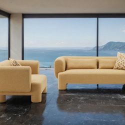 Ultra Modern Sofa With Matching OVERSIZED CHAIR yellow Boucle 