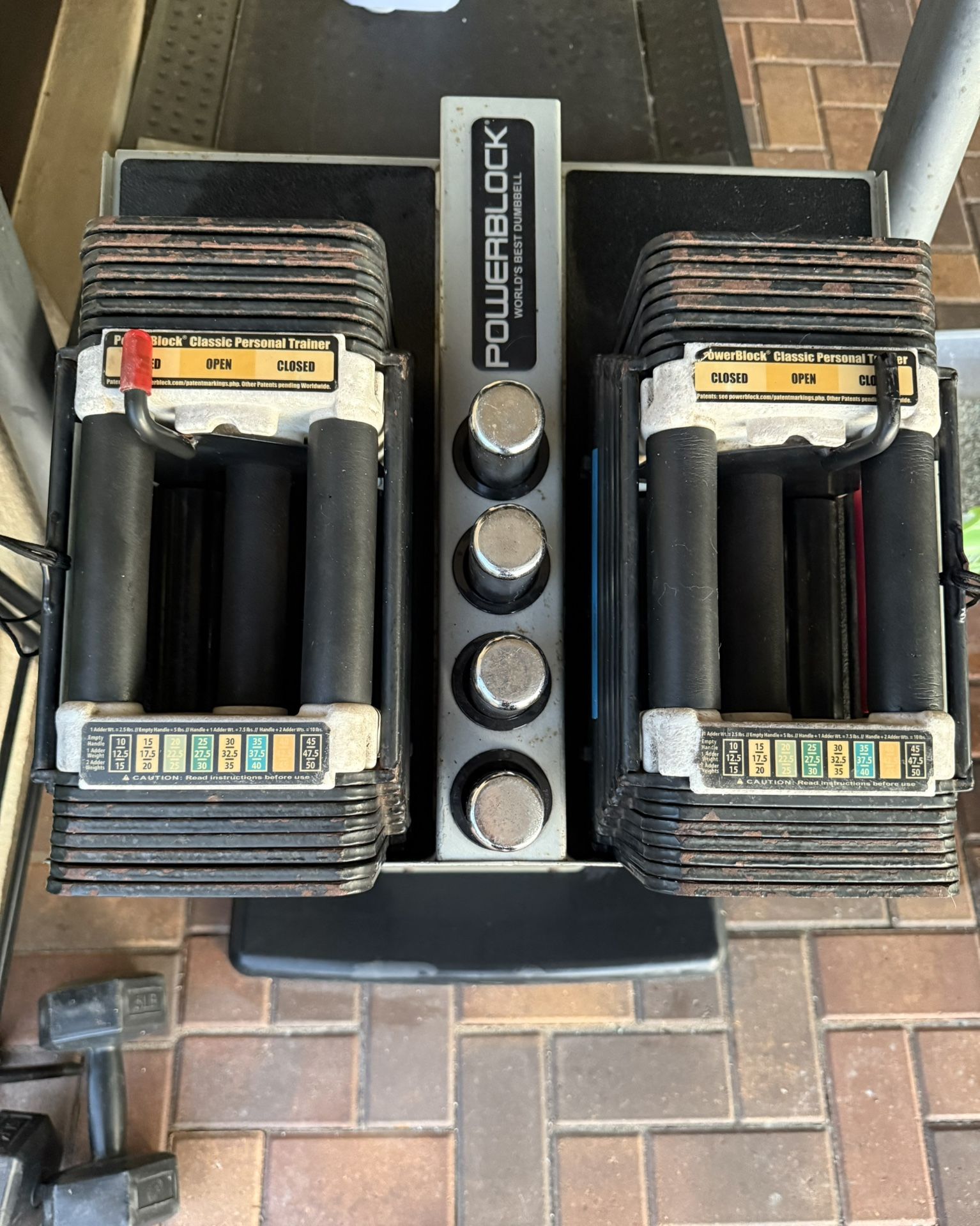 power block dumbbells with stand