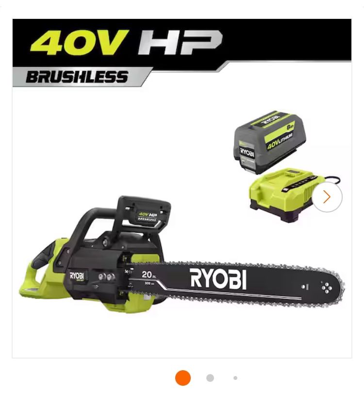 BRAND NEW RYOBI 40V HP Brushless 20 in. Battery Chainsaw with 8.0 Ah Battery and Rapid Charger