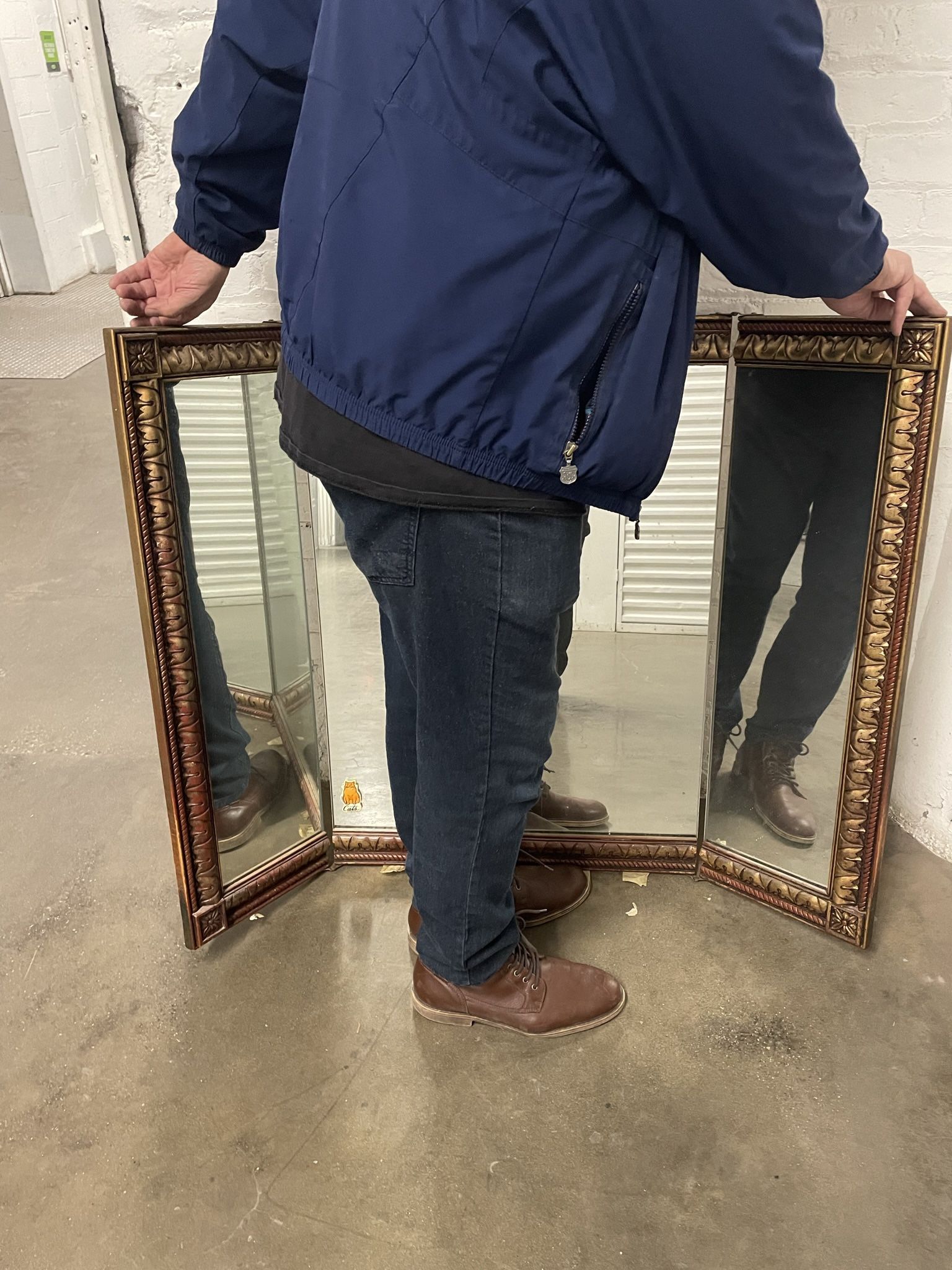Antique Folding Mirror with Ornate Carved Wood Borders