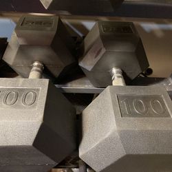 PAIR  OF  100 LB.  RUBBER HEX  REP FITNESS  DUMBBELLS  • RUBBER : 95s 90s 85s 80s 70s 50s 45s 40s 35s 30s 25s 20s 15s 12s 10s 8s 5s   ALSO AVAILABLE 
