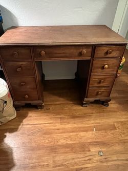 Vintage Wooden Kneehole Desk with Drawers