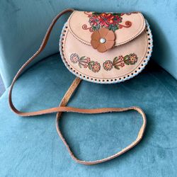 Mexican leather hand-tooled miniature floral crossbody bag. NEW.