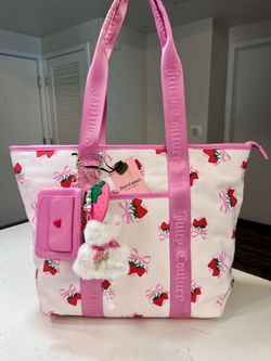 Juicy Couture Pink Strawberry Bow Tote Bag  with Keychain Bag Charms NEW
