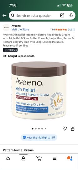 Aveeno Skin Relief Intense Moisture Repair Body Cream with Triple Oat & Shea Butter Formula, Helps Heal, Repair & Restore Very Dry Skin with Long-Last