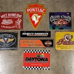 Eight Automotive and Motorcycle Garage Tin Metal Signs Harley Davidson Daytona & More 