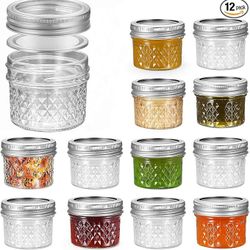  4 oz 12 PACK Mini Mason Jars with Lids and Bands, Quilted Crystal Jars Ideal for Spice, Honey, Jam, Body Butters, Jelly, Wedding Favors, DIY Candl