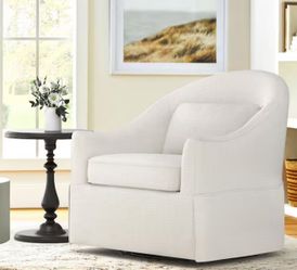 Masa 30 in. Cream Tweed Fabric Upholstered Solid Wood Frame Swivel Accent Chair Skirted Silhouette Paired Cushions